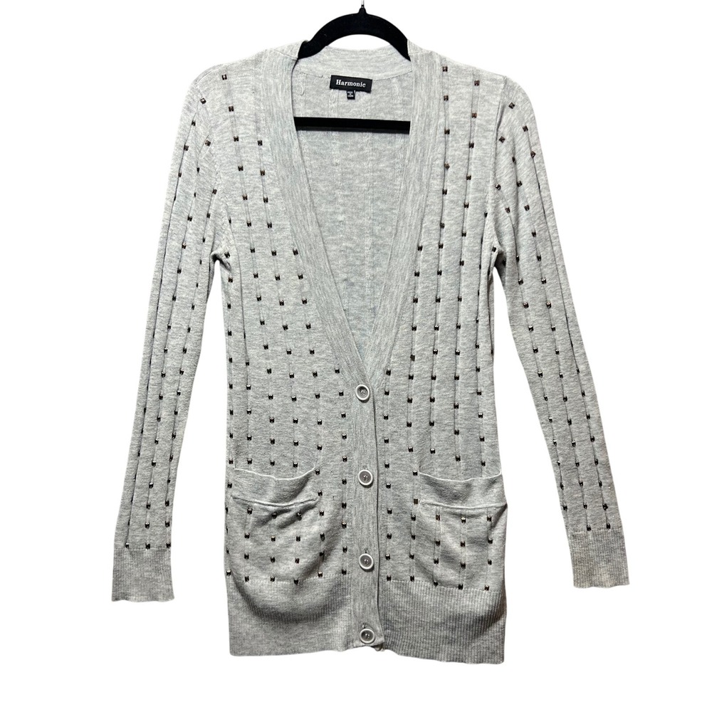 Harmonic Studded Cardigan Sweater Knit Open Front‎ Pockets Gray Size M
